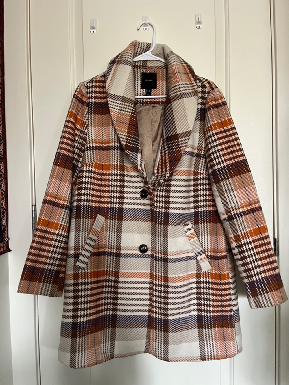 Forever 21 Plaid Pea Coat in Cream, Brown & Orange